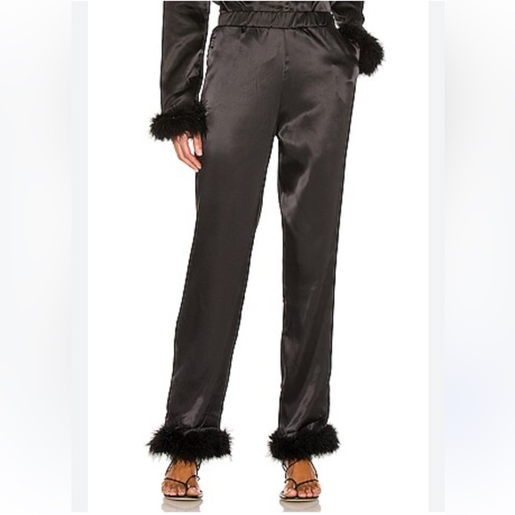 NWT New Revolve OW Collection Sky Feather Pants Black Satin Fuzzy Feather XL 12 - Picture 1 of 9